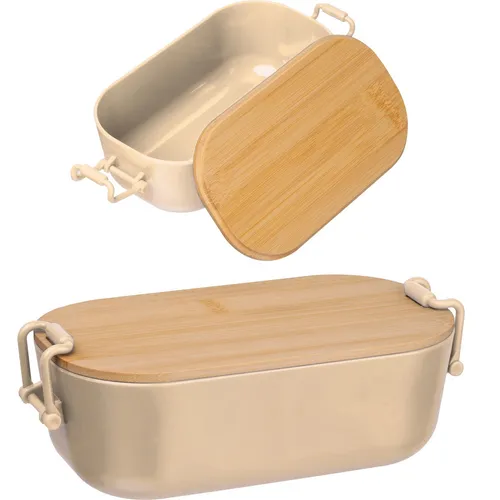 Brotdose / Lunchbox / mit Bambusdeckel und Bügelverschluss / Farbe: beige
