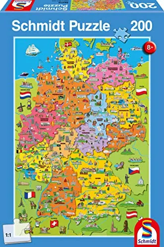 Schmidt Puzzle 56312 - Deutschlandkarte mit Bildern - Klassisches Puzzle mit 200 Teilen, ideal für Geografie-Fans und Reisende, fördert das räumliche Denken und macht Spaß für die ganze Familie.