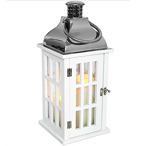 K + M Holz Laterne mit Metalldach 40x17x17cm - Vielseitige Gartenlaterne aus Holz mit herausnehmbaren Glasfenstern und praktischem Henkel, ideal für stimmungsvolle Beleuchtung im Innen- und Außenbereich.