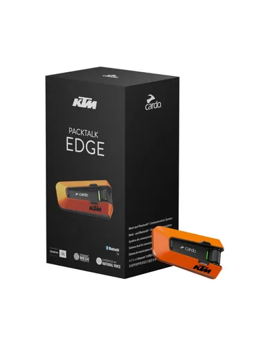 Cardo Packtalk Edge KTM - Drahtloses Kommunikationssystem in Orange/Schwarz - Fahrradcomputer mit Dynamic Mesh Communication, ideal für bis zu 15 Fahrer und einer Reichweite von 1,6 km. Genießen Sie kristallklaren Sound von JBL und einfache Sprachsteuerung während der Fahrt.