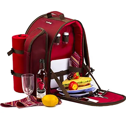 apollo walker Picknickrucksack 2 Personen Picknick Set (Set & Decke) Thermotasche Kühltaschen für Camping, Strand, Wandern Rot