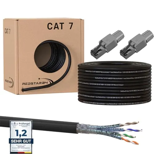50m Cat7 Erdkabel Verlegekabel + 2x RJ45 Stecker Werkzeuglos CAT 8 Outdoor Lan Kabel Installationskabel CAT 7 Ethernet Netzwerk 1000MHz Datenkabel AWG23/1 Netzwerkkabel für Außenbereich UV-beständig