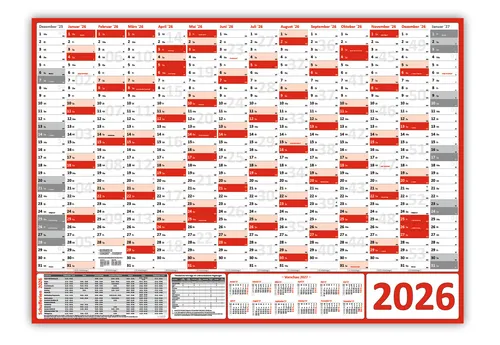 Wandkalender DIN A1 2026 in Rot - Praktischer Wandkalender im DIN A1 Format für 2026, bietet Übersicht über 14 Monate und enthält alle deutschen Feiertage. Ideal für die Planung von Terminen und Veranstaltungen.