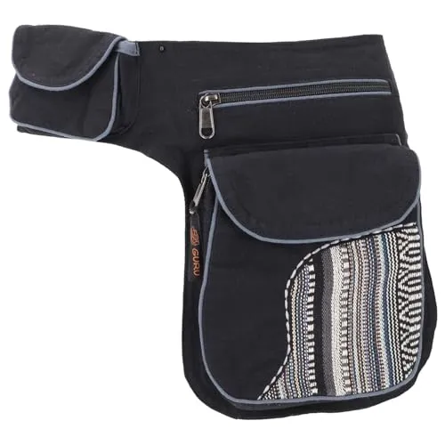 GURU SHOP Stoff Sidebag, Bauchtasche, Goa Gürteltasche - Schwarz/grau, Unisex - Erwachsene, Baumwolle, 25x15x8 cm