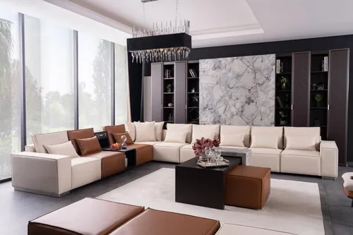 Ecksofa mit Soundsystem und Couchtisch in L-Form