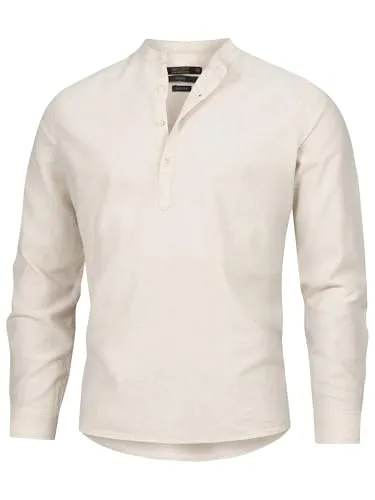 Indicode Herren Waylon Hemd mit V-Ausschnitt aus Leinen-Baumwolle Mischung | Herrenhemd für Männer Raw Linen, XL