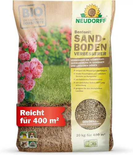Neudorff Rasendünger Bentonit Sandboden Verbesserer - 20 kg - Mineralischer Dünger für die Neuanlage von Rasenflächen und Beeten, verbessert Sandböden effektiv und fördert gesundes Wachstum.