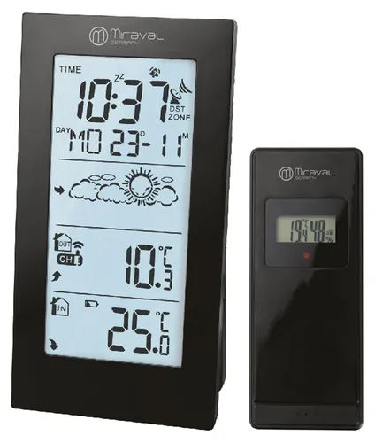 Miraval Funk-Wetterstation Basic – DCF77, Außensensor 100 m, Temperaturanzeige, Wettervorhersage, 2 Alarme, Displaybeleuchtung Schwarz