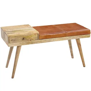 Sitzbank SALIM Ziegenleder 100x52x38 cm - Drohnen Sitzbank im Retro-Style mit Echtlederbezug, herausnehmbarer Schublade und weicher Polsterung für optimalen Komfort. Handgefertigt aus robustem Mango Massivholz.