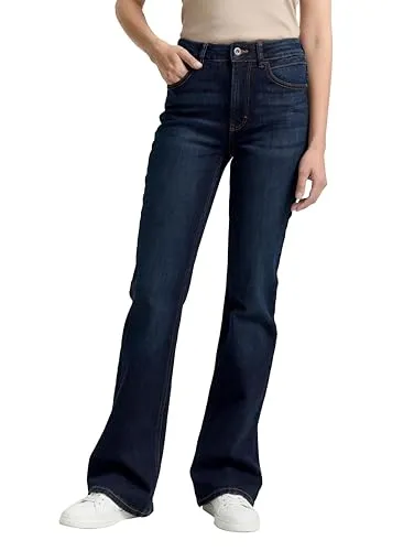 TOM TAILOR Damen 1047842 Jeans - High Waist Bootcut Jeans im Five-Pocket-Style, aus recyceltem Denim für mehr Bewegungsfreiheit und Komfort. Ideal für einen stylishen Look im Alltag.