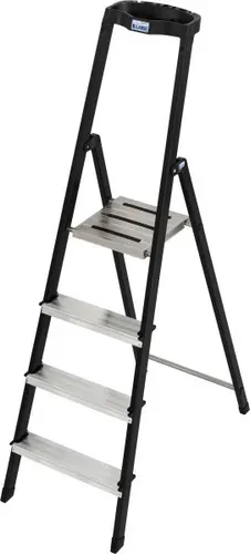 Safety Stehleiter 4 Stufen Aluminium 2,85 m chrom/mattschwarz - Robuste Stehleiter aus Aluminium mit praktischer Ablage für sicheres Arbeiten in der Höhe. Ideal für Heim- und Profi-Einsätze.