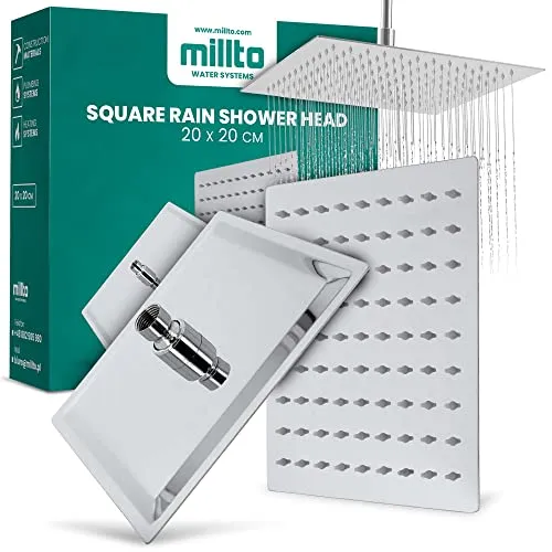 Millto™ Quadratische Edelstahl Duschkopf Regendusche 20x20 | Einbauduschköpfe Regenduschkopf Gross 8 Zoll Brausekopf Dusche Armaturen Eckig | Kopfbrause Chrom Ultradünn Wassersparender Duscharmatur
