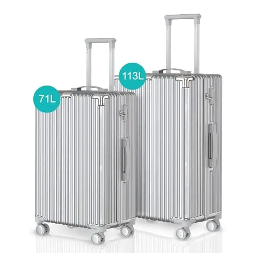 Voyagoux Kofferset 2 teilig - 71L & 113L, Hartschalenkoffer Set, TSA-Schloss, ABS, 4X 360° Rollen, Robust und Leichtgewicht Suitcase, Silber