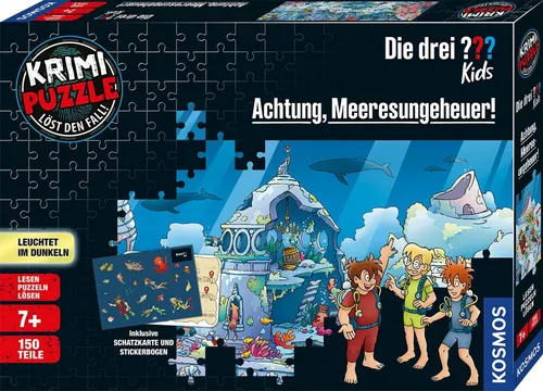 Die drei ??? Kids - Krimi Puzzle - Achtung, Meeresungeheuer von KOSMOS 680664, 150 Teile, Leuchtet im Dunkeln, Lesen, Puzzeln, Rätsel lösen, Detektiv Puzzle für Kinder ab 7 Jahre