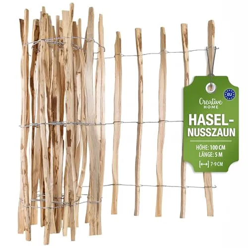 Creative Home Haselnusszaun 100cm hoch, 5m lang – Flexibler Rollzaun für den Garten