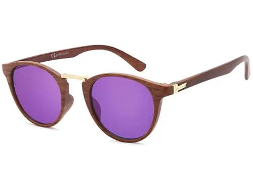 styleBREAKER Unisex Sonnenbrille Panto Holzoptik | Runde Retro Brille UV400 | Modisches Wood Look Design (Kunststoff) inkl. Etui & Tuch, Braun-Gold/Lila verspiegelt