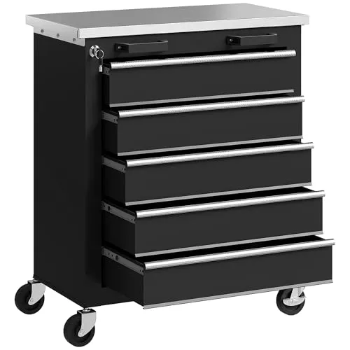 HOMCOM Werkstattwagen mit 5 Schubladen - Robuster Werkzeugwagen mit 5 abschließbaren Schubladen und Edelstahl-Arbeitsplatte, ideal für Werkstätten. Mobilität durch drehbare Rollen und sicheres Aufbewahrungssystem.