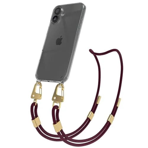 EAZY CASE - Handykette mit Karabiner kompatibel mit iPhone 16 Plus - Hülle Silikon Fallschutz transparente Handyhülle für Apple iPhone 16 Plus Kette zum Umhängen Hülle in Beere Transparent - Gold