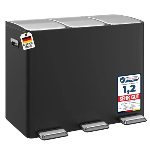 WELLGRO Edelstahl Tretmülleimer 45L mit 3 Fächern