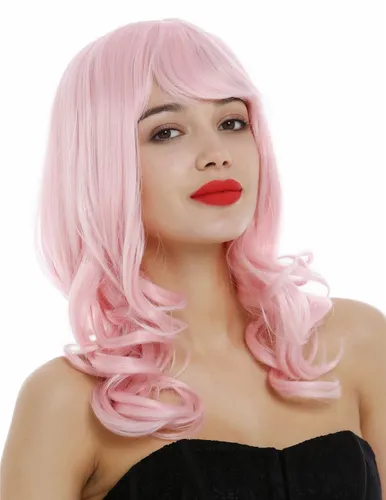 Perücke Damenperücke Frauen lang Locken wellig Pony Cosplay helles Rosa 3001