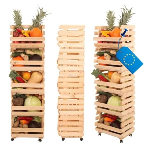 MODO24 Modular Holzregal für Gemüse & Obst auf Rollen - Praktisches Regalsystem aus Kiefernholz mit 5 Holzkisten. Dank der integrierten Räder ist das Regal flexibel und einfach zu bewegen, ideal für Küche und Vorratsraum.
