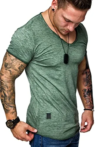 REPUBLIX Oversize Herren Vintage T-Shirt Verwaschen V-Neck Basic V-Ausschnitt Shirt R0634 Khaki L