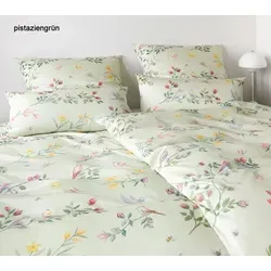 Elegante Bettwäsche Songbird - Pistaziengrün 135x200 cm - Bettwäsche aus hochwertigem Mako-Satin mit zarten Blüten und Vögeln, sorgt für ein harmonisches Schlafzimmer und ein luxuriöses Schlafgefühl. Schadstoffgeprüft nach Öko-Tex Standard 100.