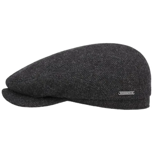 Stetson Belfast Flatcap Schiebermütze Herrenkappe Herringbone mit Innenfutter Baumwolle Herbst Winter schwarz-grau 54 cm