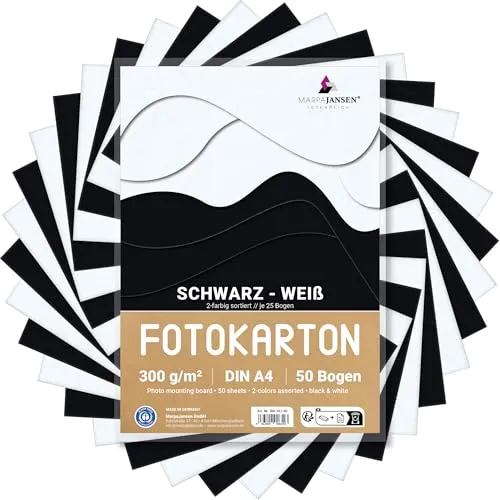 MarpaJansen Fotokarton Schwarz/Weiß, DIN A4, 50 Bogen, je 25 Bogen in schwarz & weiß 300 g/m², Blauer Engel zertifiziert
