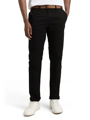 TOM TAILOR Denim Herren Slim Fit Chino Hose mit Gürtel - 29999 Black - Wanderhosen in Slim Fit mit Gürtel, ideal für Büro und Freizeit. Aus Baumwoll-Stoff mit Stretch für besten Tragekomfort und Bewegungsfreiheit.