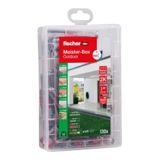 fischer Meister-Box Outdoor 561385 Dübel- und Schrauben-Sortiment, 130 St. - Schrauben, Nägel, Dübel - zuverlässige Befestigungslösung für Außenbereiche mit korrosionsbeständigen Materialien und praktischem Sortierkasten.