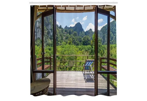 Abakuhaus Duschvorhang Moderner Digitaldruck mit 12 Haken auf Stoff Wasser Resistent Breite 175 cm, Höhe 180 cm, Sommer Sunny Day Mountain View