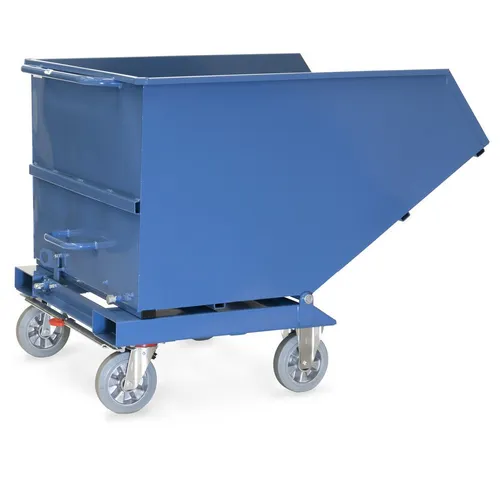 Fetra Kippbehälter Muldenkipper 4704, 0,8 m³, staplerfreundlich - Robuster Muldenkipper aus 2 mm Stahl mit 800 kg Tragkraft, ausgestattet mit TOTALSTOP Zentralbremse und vollgummierten Rollen für maximale Mobilität. Ideal für effizientes Materialhandling.