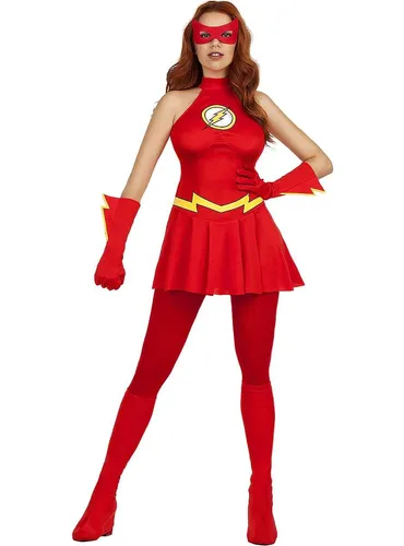 Metamorph Kostüm The Flash für Frauen - Kostüm mit ärmellosem Kleid, aufgesticktem Logo und blitzverzierten Handschuhen – perfekt für Fasching oder Karneval!