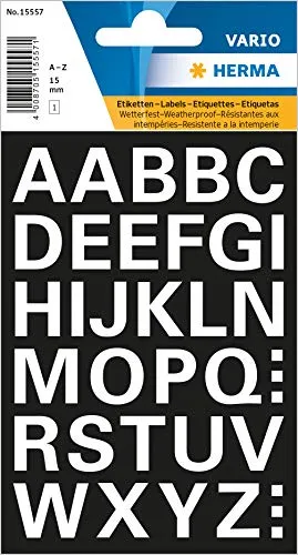HERMA Buchstaben Aufkleber Weiß, 36 Stück, Schriftgröße 15 mm, selbstklebend, wasserfest, wetterfest, groß, Alphabet Sticker Klebebuchstaben A-Z aus Folie zum Aufkleben, schwarz