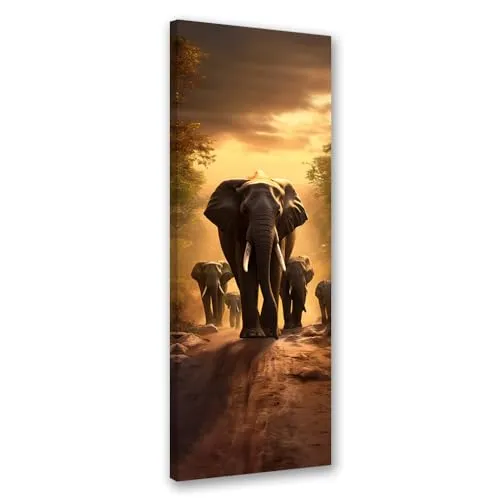 Feeby Bilder Afrika Elefant 30x90 cm 1 tlg Modern Leinwandbilder Bild auf Leinwand Kunstdruck Wand Bild Wanddeko Design Schlafzimmer Büro Flur Hotel Spa Wohnzimmer Natur Tier Straße Orange
