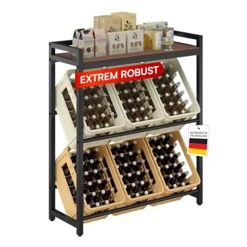 STEELSØN Flaschenregal Astris mit Ablage für 6 Getränkekisten - Platzsparendes Getränkekistenregal von STEELSØN mit stabiler Metallkonstruktion und MDF-Ablage. Ideal für Keller oder Garagen, bietet es Ordnung und Übersicht. Verstellbare Füße sorgen für sicheren Stand.