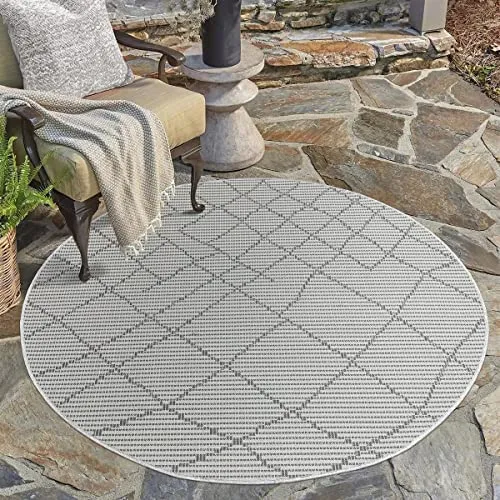 carpet city Outdoor Teppich Terrasse Wetterfest - 120x120 cm Rund - Balkonteppich Anthrazit - Raute-Optik - In-& Outdoor Teppiche für Veranda, Garten, Küche, Bad oder Wohnzimmer