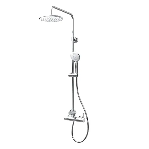 Schulte Duschsystem DuschMaster Rain III White Style mit Einhebelmischer - Moderner Duschkomfort mit dem Schulte Duschsystem DuschMaster Rain III. Elegantes Design in Weiß, inklusive runder Kopfbrause und Handbrause. Ideal für kompakte Duschbereiche mit einfacher Temperaturregelung.