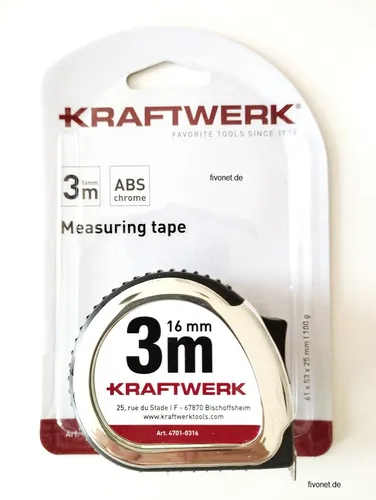 KRAFTWERK Profi Maßband 3 Meter Rollmeter Chrom und gummiert