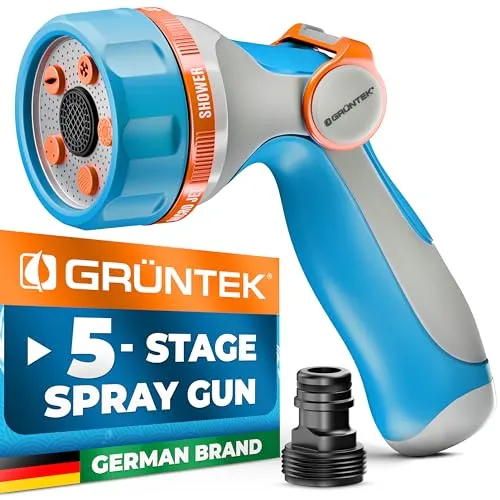 GRÜNTEK Ultraleichte Gartenschlauch-Sprühpistole mit 5 Strahlarten – Multi-Garten-Duschdüse mit ergonomischem Griff und komfortabler Daumensteuerung, EU Schnellanschluss-Adapter und US Gewinde