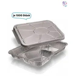 SET: Alu-Menüschalen mit Deckel, 760-930 ml, rechteckig, 1000 Stk - Praktisches SET mit Alu-Menüschalen und Deckeln in verschiedenen Varianten. Robuste, rechteckige Schalen (22,7 x 17,7 x 3 cm) für vielseitige Anwendungen, ideal für Catering und Events. Verpackungseinheit: 1000 Schalen + 1000 Deckel.