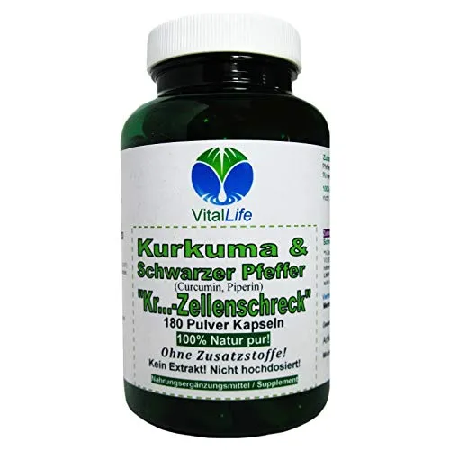 Kurkuma & schwarzer Pfeffer 180 Pulver Kapseln Natur Pur NICHT hochdosiert KEIN Extrakt OHNE Zusatzstoffe. 26343