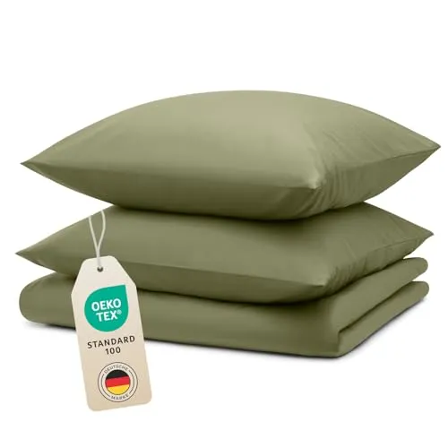 Blumtal Bettwäsche 200x200cm + 2X 80x80cm Kopfkissenbezug - Oeko-TEX zert. Mikrofaser Bettwäsche Set - Mikrofaser Bettbezug 95 °C - Deckenbezug + Kissenbezug 3-teilig - Bettbezug Light Olive Grün