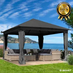 Alu Pavillon INFINITY 3x4m dunkelgrau - Wasserdichter Pavillon mit UV-Schutz 50+, ideal für Gartenfeiern. Stabiler Aluminiumrahmen und praktische Seitenteile mit Moskitonetz für optimalen Komfort.