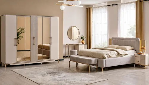 Schlafzimmer-Set mit Bett, Kleiderschrank & Frisiertisch - Komplettes Schlafzimmer-Set für Erwachsene in Beige. Mit LED-Licht und modernem Design bietet es viel Stauraum und sorgt für eine stilvolle Atmosphäre.