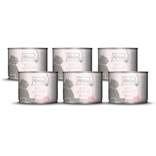 MjAMjAM - Premium Nassfutter für Katzen - Kitten saftiges Hühnchen mit Lachsöl, 6er Pack (6 x 200 g), getreidefrei mit extra viel Fleisch