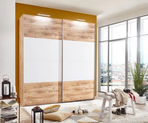 Schwebetürenschrank in Alpinweiß-Plankeneiche