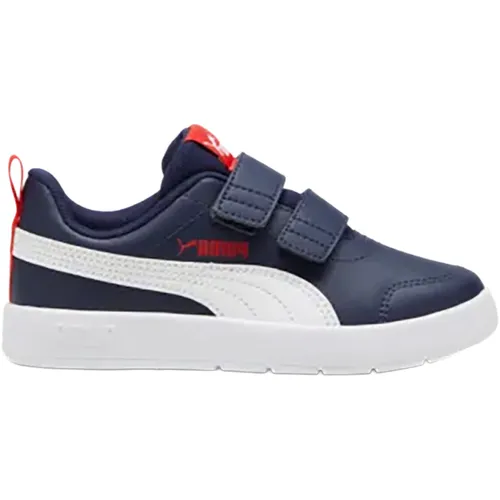 Puma Courtflex V3 V PS - Navy/White/Red - Freizeitschuhe für Kinder, umweltfreundlich mit einem Obermaterial aus 30% recycelten Materialien und idealer Passform für aktiven Spielspaß.