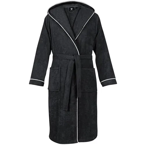 LAYNENBURG Bademantel Herren Frottee - Kapuze - Lang - 100% Baumwolle (360g/m2) - OEKO TEX Standard 100 - Größe (M, Schwarz)